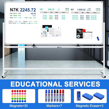 96"x48" Large Magnetic White Board Dry Erase Whiteboard with Rolling Stand 8’x4’ Double-Sided Mobile White Boards on Wheels, Including 3 Magnetic Erasers, 7 Markers, 30 Magnets