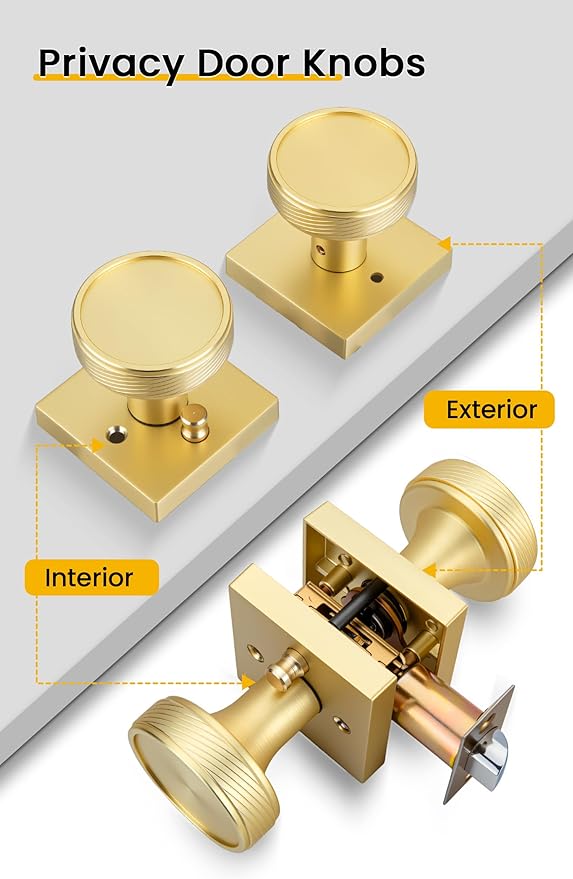 goldenwarm Gold Door Knobs Interior, Brushed Gold Door Knobs Square Privacy Door Knob for Bedroom Bathroom, Modern Heavy Duty Interior Doorknobs - 3 Pack Zinc-Alloy
