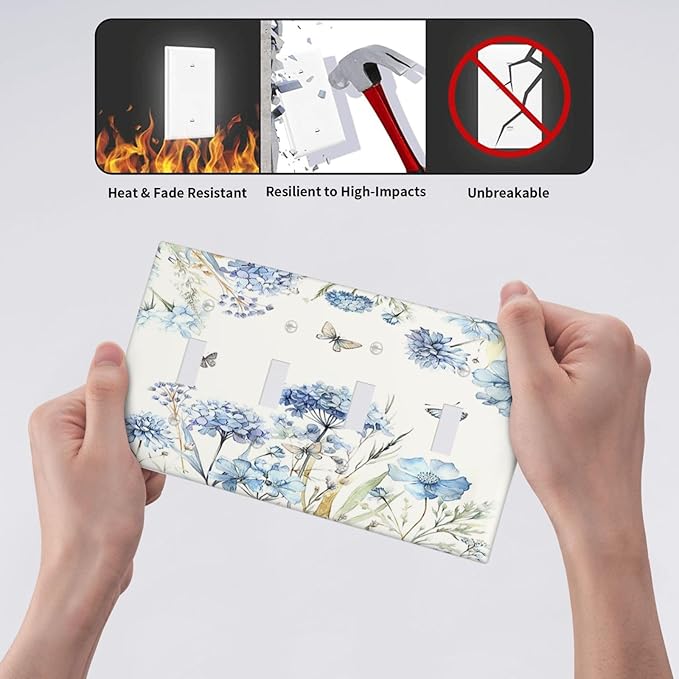 Light Switch Covers Blue Floral Hydrangea Plants Quad Toggle 4 Gang Wall Plate Electrical Faceplate Decorative Switch Plates for Bedroom Home Decor