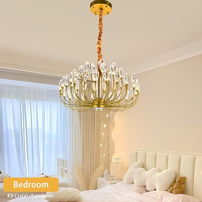 Crystal Gold Chandelier Modern Round Ceiling Pendant Light Fixture Led Tree Branch Chandeliers for Living Room Dining Room Kitchen Bedroom Hotel