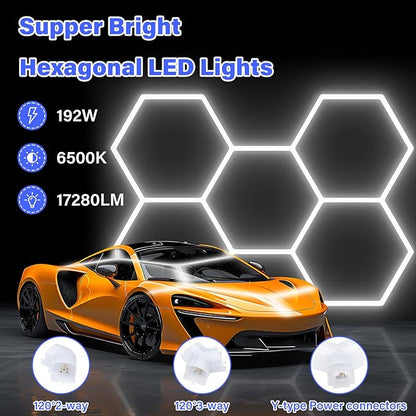 Hexagon Garage Lights-192W LED Lights,6500K 25650LM Upgraded 3-Level Dimmable LED,Shop for Car Detailing,Workshop, Basement,Gym, Barber