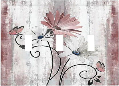 Decorative Switch Plates Pink White Daisy Butterfly Wood Grain 3 Gang Wall Plate Triple Toggle Light Switch Cover Faceplate Electrical Wall Panels for Farmhouse Bathroom Decor