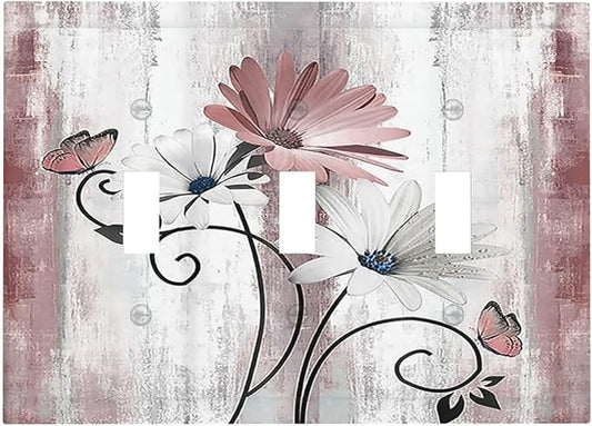 Decorative Switch Plates Pink White Daisy Butterfly Wood Grain 3 Gang Wall Plate Triple Toggle Light Switch Cover Faceplate Electrical Wall Panels for Farmhouse Bathroom Decor