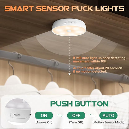 Motion Sensor Step Lights, 8 Colors Changeable RGB LED Closet Lights, USB Rechargeable Battery Operated Puck Light, Dimmable Under Cabinet Counter Kitchen Stair Lighting (5 Pack)