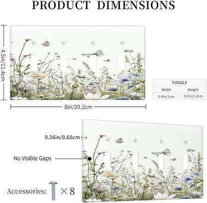 Colorful Wildflowers Daisy Plant Butterfly Floral Light Switch Covers Quad Toggle Electrical Faceplate 4 Gang Wall Plate Decorative Switch Plates for Bed Room Living Room Decor