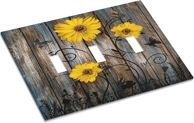 Rustic Barn Sunflower Wooden Daisy Flower Plank Decorative Switch Plates 3 Gang Wall Plate Triple Toggle Light Switch Cover Faceplate Electrical Wall Panels for Farmhouse Home Decor
