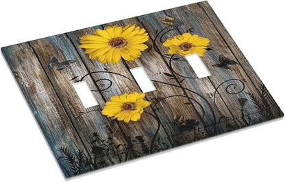 Rustic Barn Sunflower Wooden Daisy Flower Plank Decorative Switch Plates 3 Gang Wall Plate Triple Toggle Light Switch Cover Faceplate Electrical Wall Panels for Farmhouse Home Decor