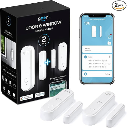 Geeni Smart Door and Window Sensor Alarm 2 Pack WiFi Battery Powered Security Sensor with Siren, Instant Alerts, Alexa & Google Assistant Compatible for Home, Office, Garage