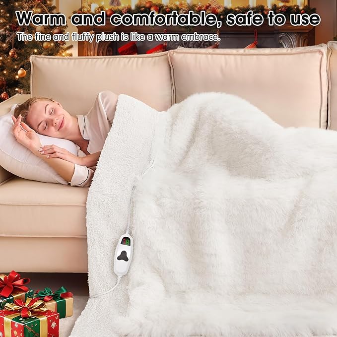 Heated Electric Blanket Throw–Faux Fur with Soft Thick Sherpa,Warm Winter Birthday Gifts for Women Grandma,10 Heat Settings,5 Time Settings with Fast Heating, 50x60, Snow Cloud