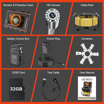 Sewer Camera, Self-Leveling Drain Camera 165 ft with Distance Counter, 9" 1080P HD Plumbing Cameras Snake with 12 LED Lights, IP68 & 32GB DVR, Industrial Endoscope for Duct Sewer Line Pipe Inspection