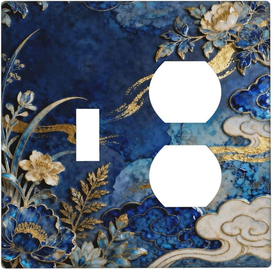 Decorative Outlet Covers Blue White Flower Gold Line Cloud 2 Gang Light Switch Cover Plate Single Toggle Duplex Wall Plates for Electrical Outlets Switch Plate Covers for Home Decor