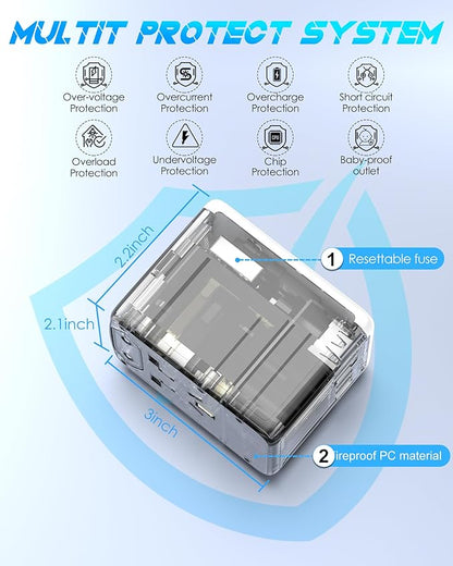 Universal Travel Adapter, 6.0A 5 USB Ports (3 USB C) & 2500W AC Outlet, International Power Plug Adapter Worldwide Travel Wall Charger Multi Plug for Europe UK US AUS (Type C/G/A/I, White)