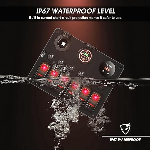 MKING 6 Gang Marine Switch Panel - Waterproof Rocker Switches with USB & Type-C Charger, Circuit Breaker, Digital Voltmeter, and Power Socket, Compatible with 12V-24V Vehicles