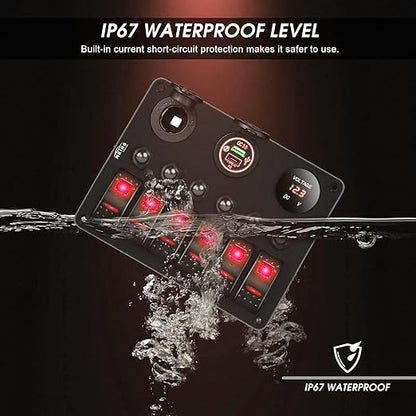 MKING 6 Gang Marine Switch Panel - Waterproof Rocker Switches with USB & Type-C Charger, Circuit Breaker, Digital Voltmeter, and Power Socket, Compatible with 12V-24V Vehicles