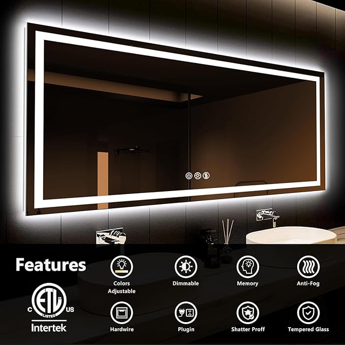 ROOMTEC 77x36 LED Bathroom Mirror with Front and Backlit,Anti-Fog,3 Colors