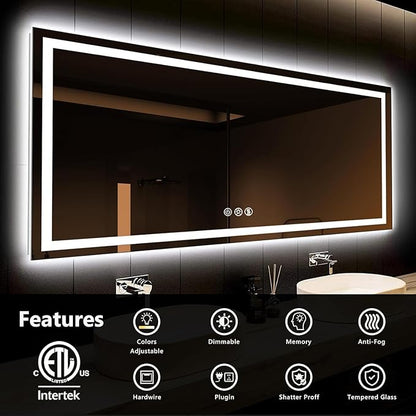 ROOMTEC 77x36 LED Bathroom Mirror with Front and Backlit,Anti-Fog,3 Colors