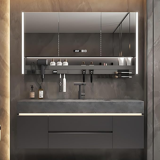 Modern Bathroom Vanity – Cabinet Set with LED Smart Defogging Mirror & Time Display | Bathroom Vanity with Sink, Large Space Storage with Easy Installation, 2 Drawers (Grey, 52IN)