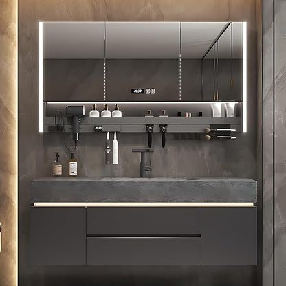 Modern Bathroom Vanity – Cabinet Set with LED Smart Defogging Mirror & Time Display | Bathroom Vanity with Sink, Large Space Storage with Easy Installation, 2 Drawers (Gray, 68IN)