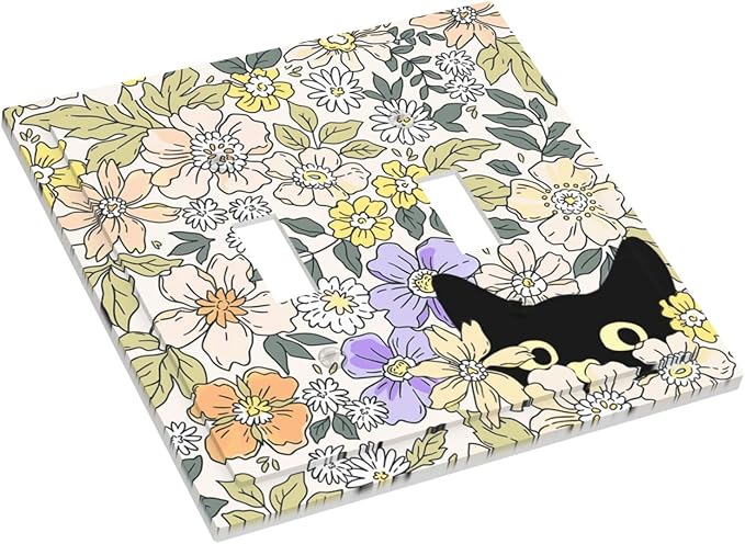 Decorative Light Switch Plate Covers Cute Black Cat in a Flower Patch Botanical Garden 2 Gang Wall Plate Double Toggle Double Light Switch Covers for Bedroom Home Decor （2 Pack）