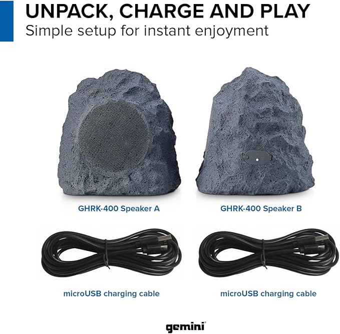 Gemini Sound Rechargeable Bluetooth Wireless Rock Speakers (Pair), IPX5 Weatherproof, TWS Stereo Linking, 10-Hr Battery, 4” Driver for Patio & Garden Outdoor Audio (GHRK-400-PR)
