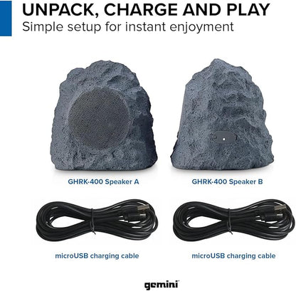 Gemini Sound Rechargeable Bluetooth Wireless Rock Speakers (Pair), IPX5 Weatherproof, TWS Stereo Linking, 10-Hr Battery, 4” Driver for Patio & Garden Outdoor Audio (GHRK-400-PR)