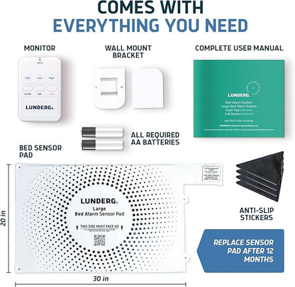 Lunderg Large Bed Alarm for Elderly Adults - Wireless Sensor Pad (20” x 30”) & Pager - Safety Bed Alarms and Fall Prevention for Elderly and Dementia Patients - for Patients That Move a lot