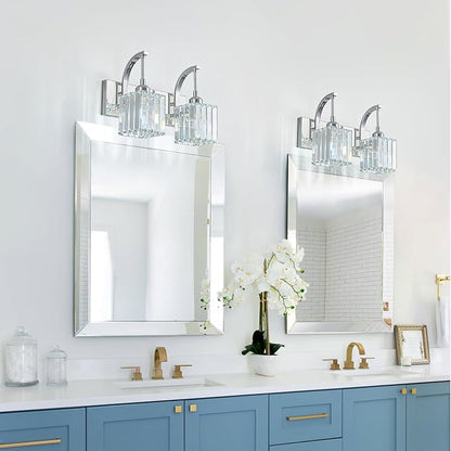 Crystal Vanity Lights 2-Light Chrome Wall Lamp Modern Crystal Bathroom Light Fixtures Over Mirror 13.77" Long Bathroom Wall Sconce