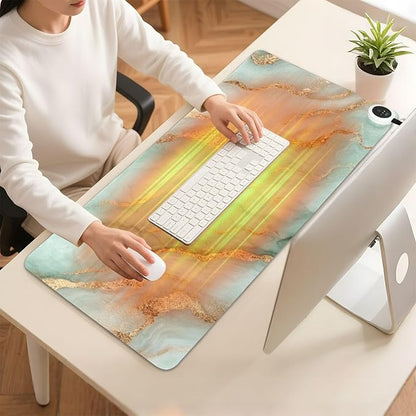 Heated Desk Pad Mouse Pad 31.5x13 Inch PU Leather Desk Mat with 3 Heat Levels Large Mouse Gaming Computer Laptop Mat Mint Green and Gold Marbletexture