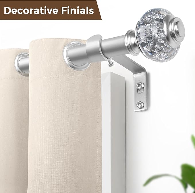 1 Inch Silver Curtain Rods for Windows 140 to 195 Inches (6 to 12 ft), Telescoping Single Drapery Rod, USFOOK Decorative Curtain Rod with Translucent Finials