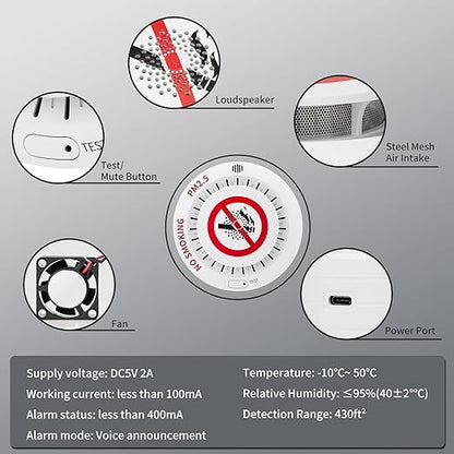 2in1 Cigarette Detector with 10 Level Sensitivity, Infrared Remote Control, PM2.5 Indoor Air Quality Monitor, Ceiling Mounted Smoke Detection for Offices, Restaurants, Hospitals, Schools, Apartments