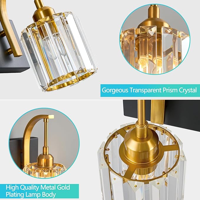 4-Light Crystal Vanity Light, Modern Black Gold Bathroom Wall Sconce with K9 Crystal Shades, 32.67" Long Over Mirror Lighting for Vanity, Makeup, Hallway, Elegant & Easy Install