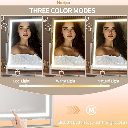 Hasipu Vanity Mirror with Lights, 39.4" x 28.3" LED Makeup Mirror, Light up Mirror with 10X Magnification and Phone Holder, USB Charging Port, Smart Touch 3 Colors Dimmable (White)