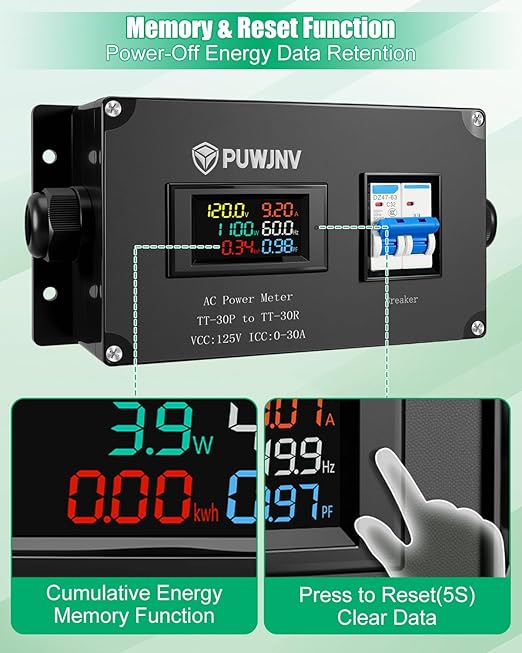 30A AC Power Meter, 125V NEMA TT-30P to NEMA TT-30R Outlet Energy Monitor, LCD Display Digital Multimeter Tester, Voltage Current Power Frequency Meter with Overload Protection