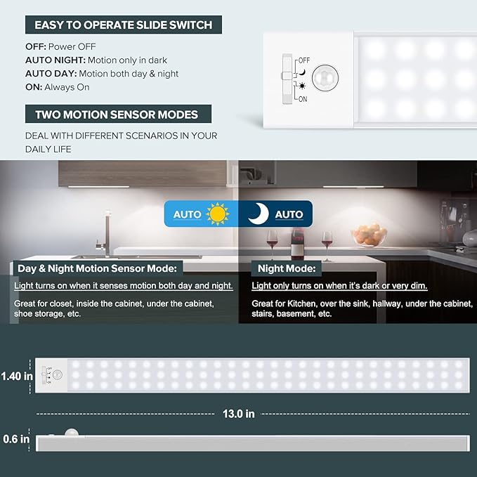 BLS 60 LED Closet Lights Battery Powered LED Lights, Super Bright Under Cabinet Lighting, Wireless Motion Sensor Light Indoor, 2400mah Rechargeable Battery Operated Lights, 120 Days Run Time (2 Pack)