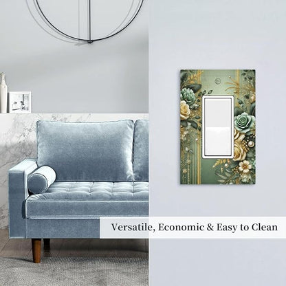 Decorative Outlet Covers Rustic Green Floral Leaves Teal Flowers Gold Stripe 1 Gang Single Decora GFCI Device Light Switch Covers Plate 1 Rocker Wall Plate Jumbo Faceplate