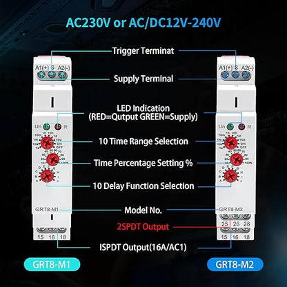 GRT8 M1 Multifunction Time Relay 16A AC 230V with 10 Relay Timer Control Delay Function Mode DIN Rail Electronic Relays of Wide Time Delay Range for 0.1 Seconds to 10 Days