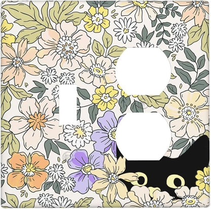 Decorative Outlet Covers Cute Black Cat in a Flower Patch Botanical Garden 2 Gang Wall Plate Single Toggle Duplex Combo Light Switch Covers Switch Plate Cover for Bedroom Home Decor