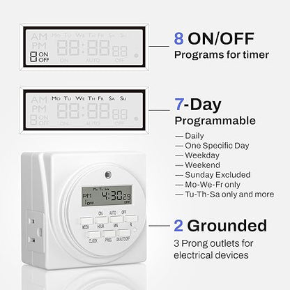 BN-LINK Indoor Digital Timer Outlet, Dual Outlet 7 Day Programmable Light Switch, 3 Prong Plug in Timers for Electrical Outlets, Lamps, Fans, 8 On/Off Programs, 1 Pack, 15A/1875W, ETL Listed