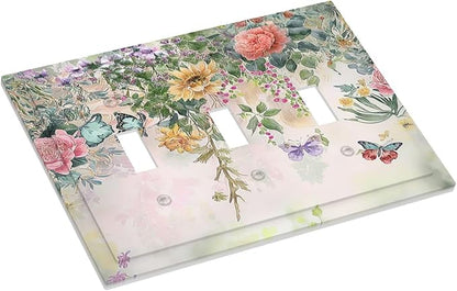 Light Switch Covers Rustic Floral Watercolor Flower Blossom Butterfly 3 Gang Wall Plates Triple Toggle Outlet Cover Decorative Switchplates Electrical Panel Cover for Kitchen Living Room 4.8 X 6.7 IN
