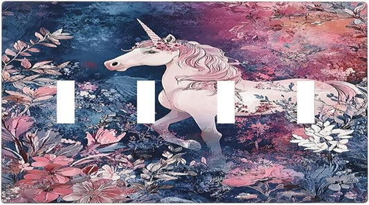 Light Switch Cover Plate Fantastic Pink Unicorn Wildflower Forest 4 Gang Quad Toggle Wall Plate Electrical Outlet Cover Decorative Switch Plate Covers for Bedroom Kids room Decor
