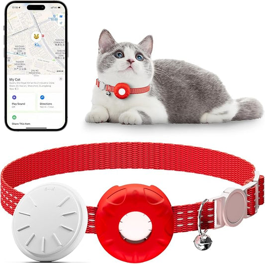 GPS Tracker, Tractive GPS Cat Tracker, Cat Tracker Collar with Safety Elastic Buckle, Works with Any Collar,Compatible with Apple Find My App (Only iOS), No Monthly Fee, Red
