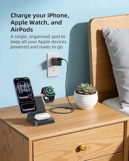 Charging Station for Multiple Devices Apple: 3 in 1 Magnetic Wireless Charger Stand for MagSafe-Compatible Nightstand Charging Dock for iPhone 17 16 15 14 13 12 Pro Max Plus Apple Watch Airpods