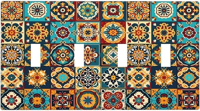 Mexican Talavera Ceramic Tile Moroccan Boho Light Switch Covers Quad Toggle Electrical Faceplate 4 Gang Wall Plate Decorative Switch Plates for Bathroom Kitchen Decor