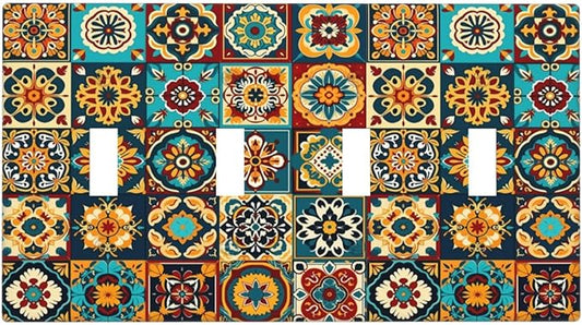 Mexican Talavera Ceramic Tile Moroccan Boho Light Switch Covers Quad Toggle Electrical Faceplate 4 Gang Wall Plate Decorative Switch Plates for Bathroom Kitchen Decor