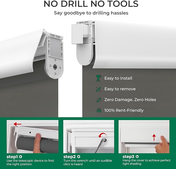 Allesin No Drill Motorized Roller Blinds – Rechargeable Electic Blackout Shades with Cassette Cover, Utral-Quiet Motor, Automatic Blind with Remote for Indoor Windows (Smoky Gray, 33" W x 72" H)