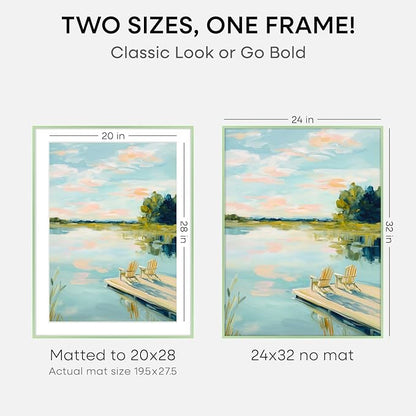 Homeforia 24x32 Sage Green Picture Frame, High End Metal 24x32 Poster Frames with Mat 20x28 inch Photo, 24 x 32 Thin Frame Matted to 20 x 28 Art, 32x24 Large Frames, Tempered Glass, Wall Kit, Set of 2