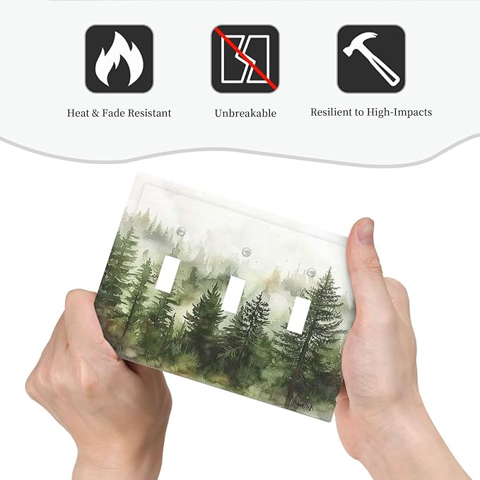 Decorative Switch Plates Green Forest Watercolor Painting Foggy Pine 3 Gang Wall Plate Triple Toggle Light Switch Cover Faceplate Electrical Wall Panels for Bedroom living Room Decor