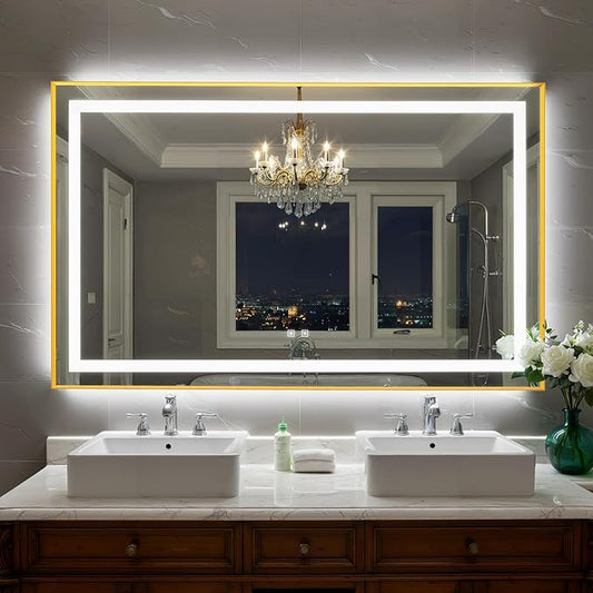 55X36 Inch LED Bathroom Mirror with Lights, Gold Frame Frontlit+ Backlit Bathroom Vanity Mirror for Wall, Ultra-Clear Tempered Glass, Shatter-Proof, Anti-Fog and Memory Function, ETL Listed
