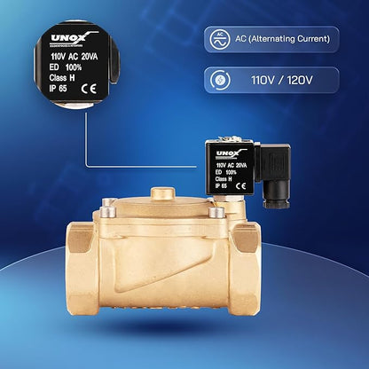 UNOX 1 1/2" NPT Solenoid Valve 110V AC, Brass Control Valve Normally Closed - 7-232 PSI Multi-Purpose Reliable Control Valve for Water, Air, and Gas - Solenoid Valves