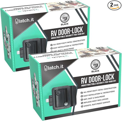 LATCH.IT Black RV Door Latch | 2 Keyed Alike RV Door Locks for Travel Trailers | Travel Trailer Door Latch | 100% Metal Camper Door Lock w/ 4 Keys | Trailer Door Lock is Easy-to-Install & Fits Most!